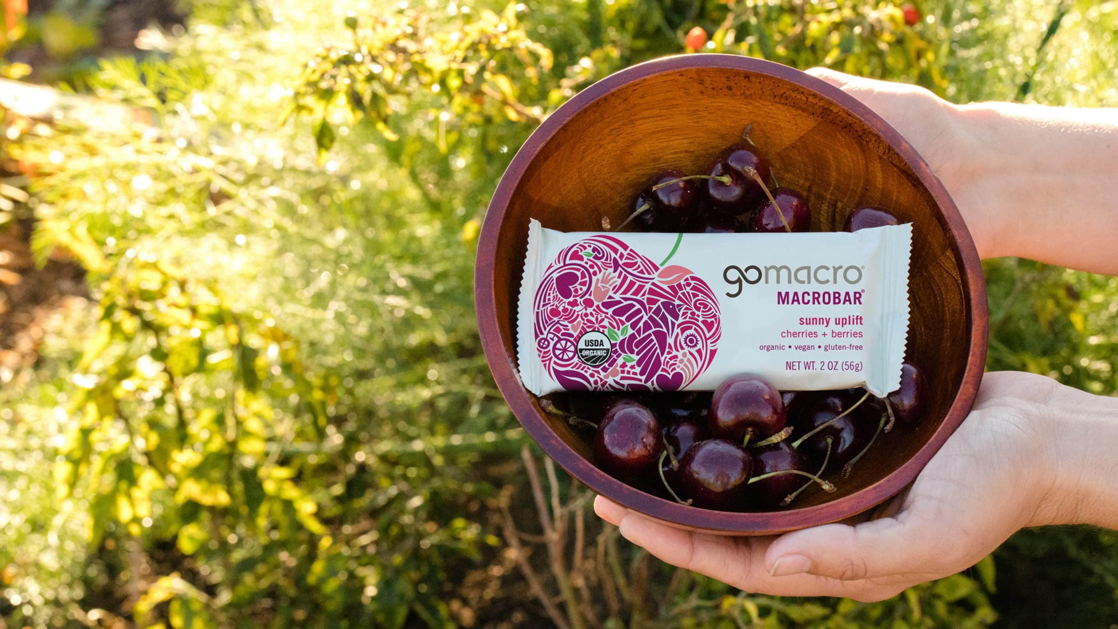 GoMacro sunny uplift bar in a bowl with cherries