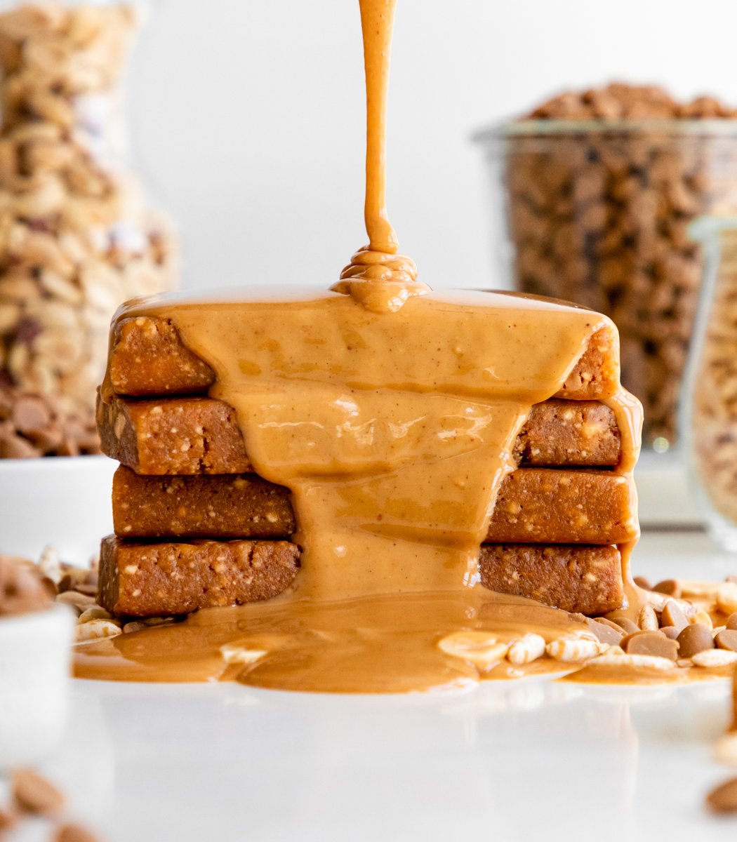 Stack of GoMacro peanut butter protein bars drizzled in peanut butter