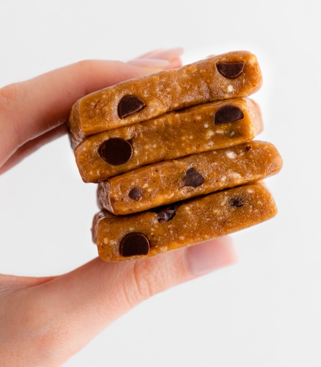 Stack of GoMacro Salted Caramel Chocolate Chip Macrobar Minis