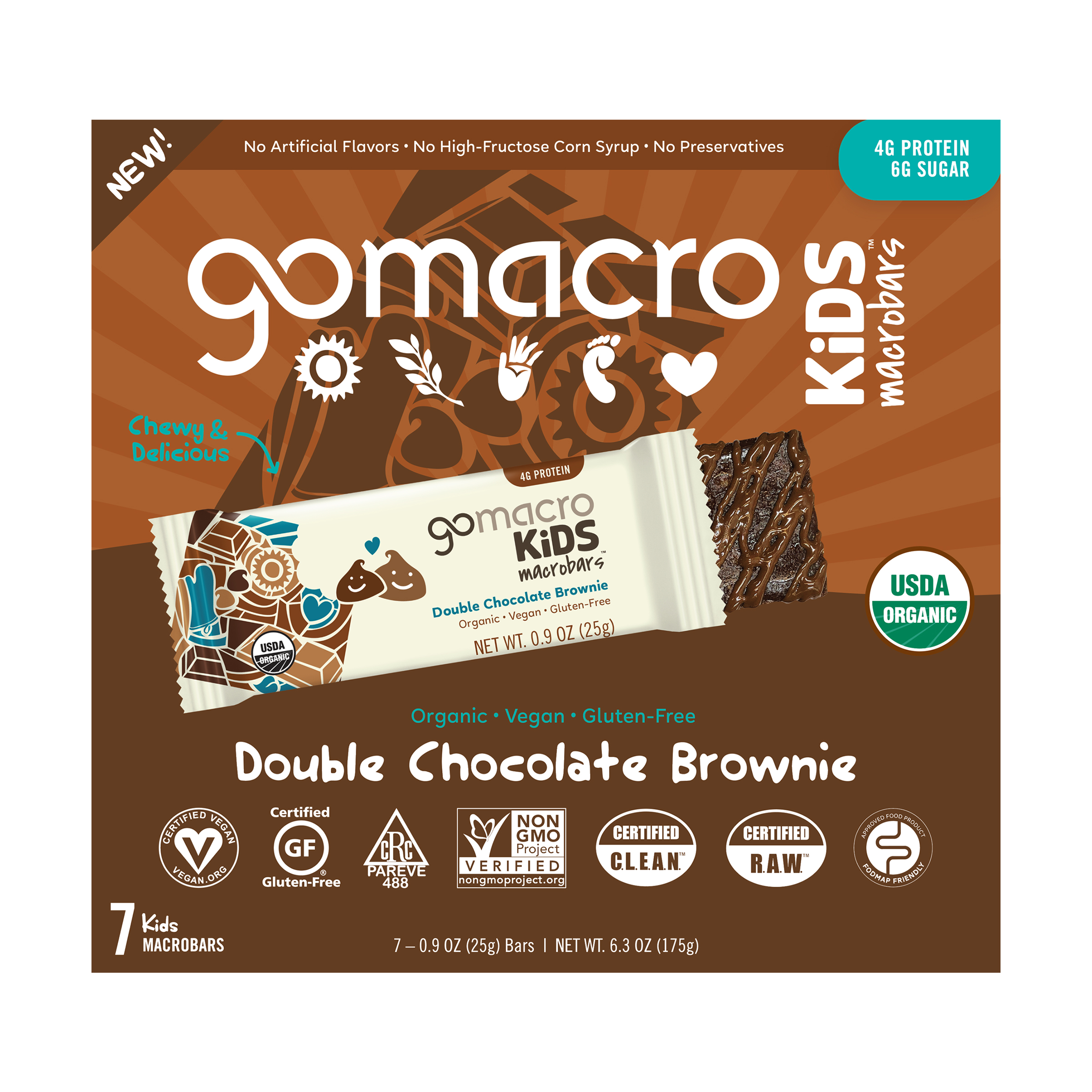 Gomacro, Double Chocolate Brownie Kids Macrobar, barcode: 0810039910016, has 0 potentially harmful, 1 questionable, and
    3 added sugar ingredients.