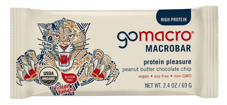 GoMacro peanut butter chocolate chip bar with The Florida Panther on the wrapper