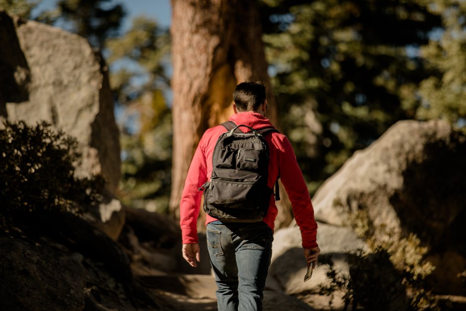 Man hiking with backpack on