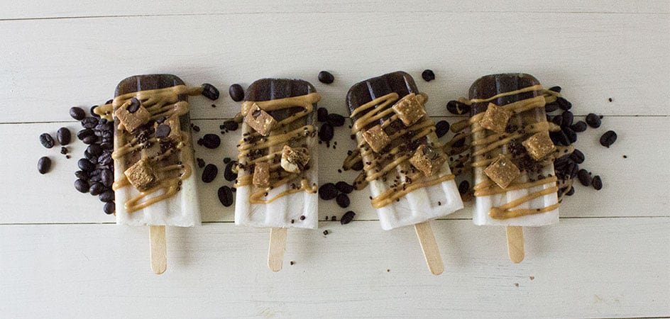 Coffee and coconut milk popsicles with bits of GoMacro bar everlasting joy on top