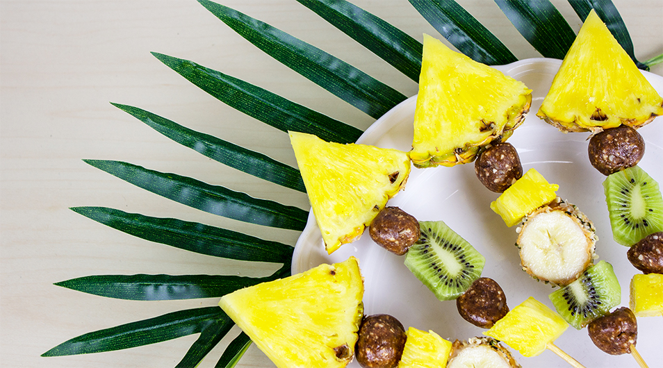 Tropical Fruit Skewers made with GoMacro banana almond butter bars