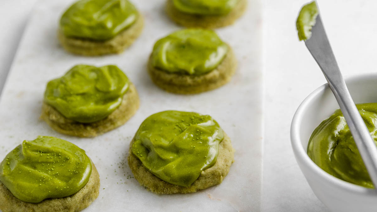 A pan of matcha sugar cookies