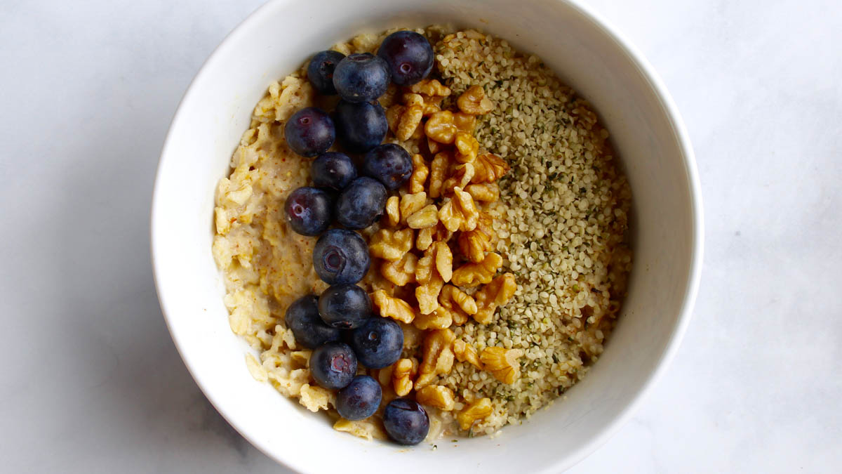 Hemp oats topped with blueberries and pecans