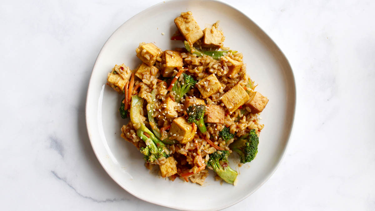 Tofu and broccoli stir fry on a plate
