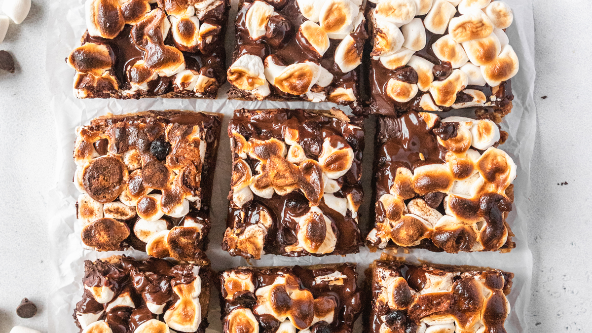 Tray of peanut butter s'mores bars