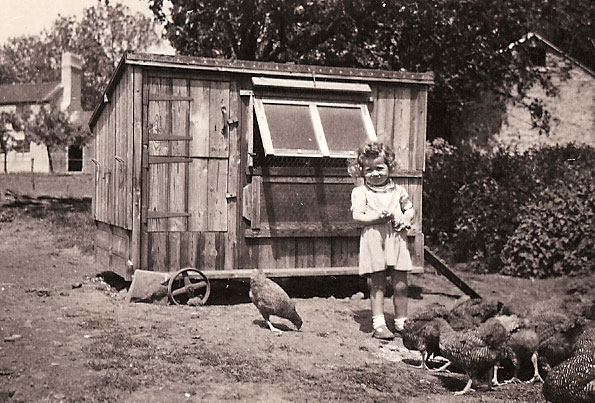 Antique photograph of young girl feeding chickens