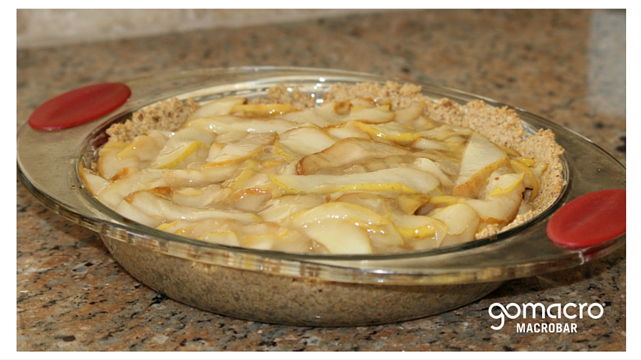 Pear ginger pie in pan on counter