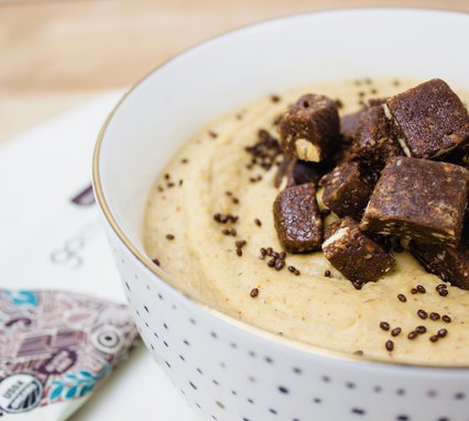 Vegan hummus made with GoMacro protein decadence bar
