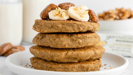 Banana pancakes topped with GoMacro banana almond butter bar