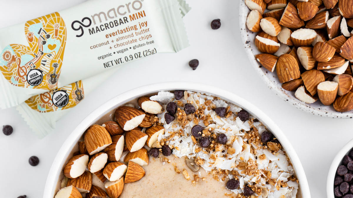 Coconut almond butter smoothie bowl topped with GoMacro bar everlasting joy
