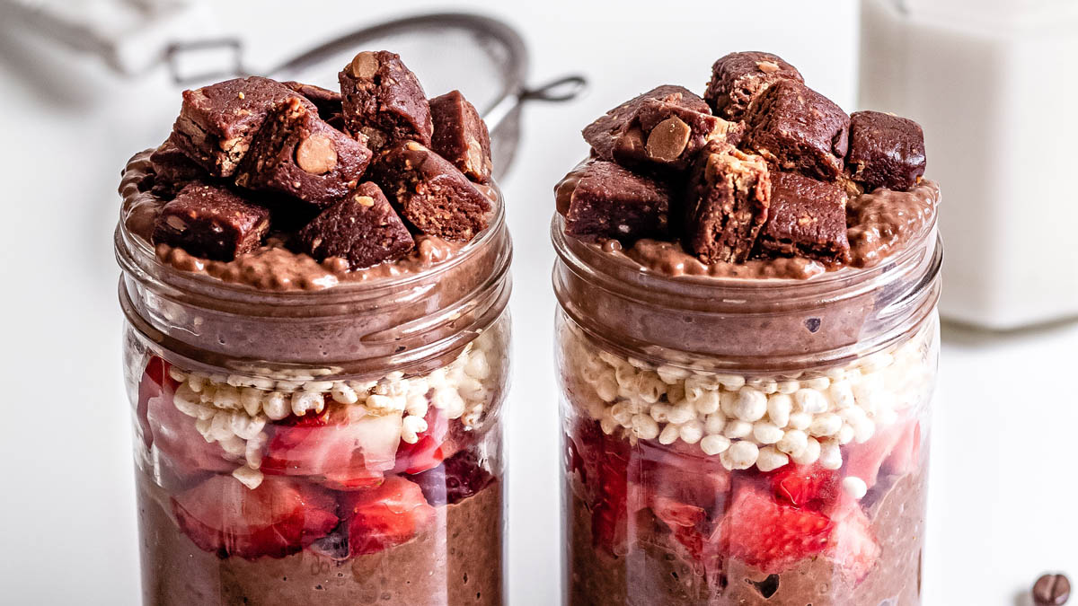 Chocolate chia pudding topped with GoMacro peanut butter protein bar
