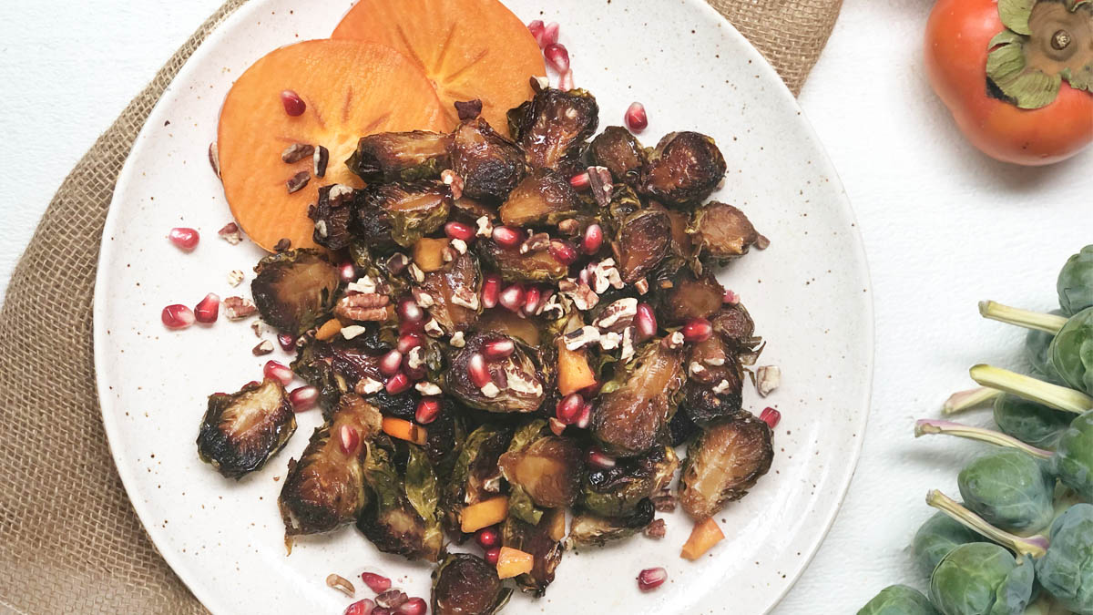 Balsamic brussel sprouts topped with pomegranate