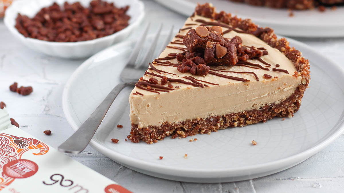 Chocolate peanut butter ice cream pie made with peanut butter protein bars