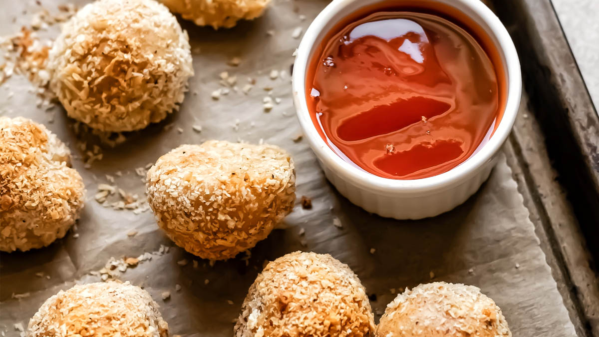Baked potato balls on a pan