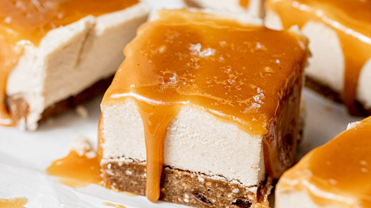 Cheesecake bars drizzled with salted caramel