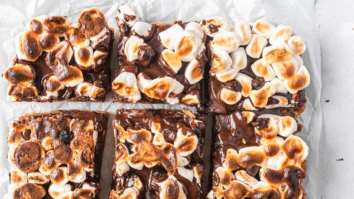 Tray of peanut butter s'mores bars