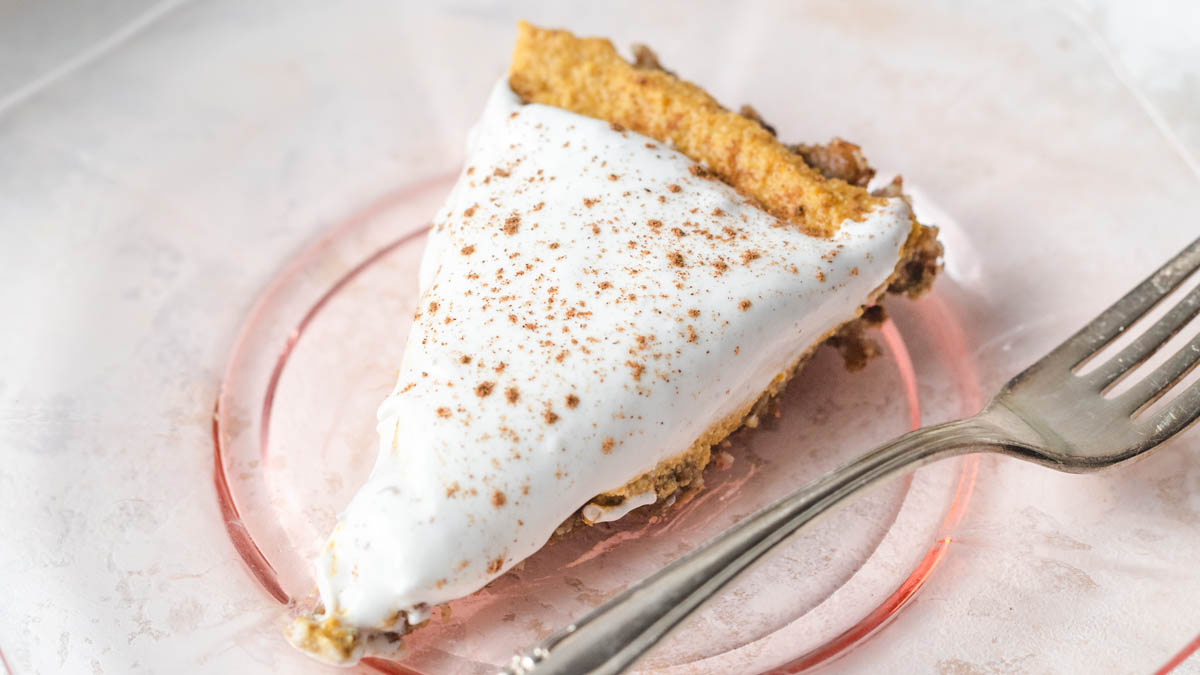 Maple sea salt protein bar pumpkin pie topped with coconut whipped cream