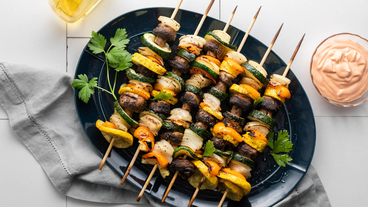 Mushroom, zucchini, squash, onion, and pepper kabob