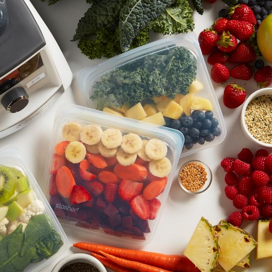 Cut up fruits and vegetables in storage containers