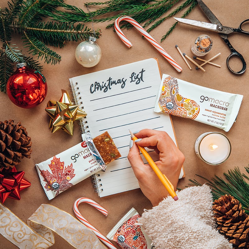 Christmas list next to GoMacro protein bars