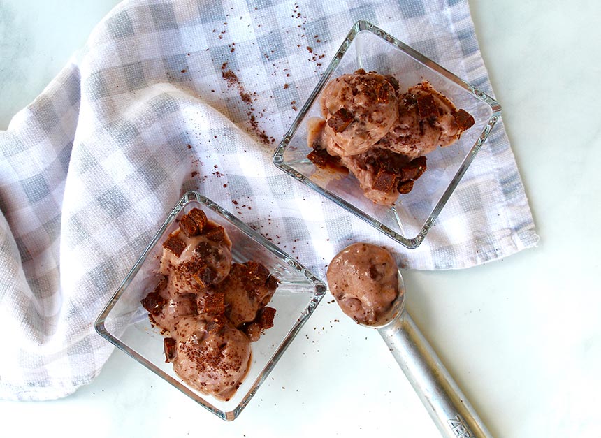 Vegan chocolate ice cream scooped in two bowls