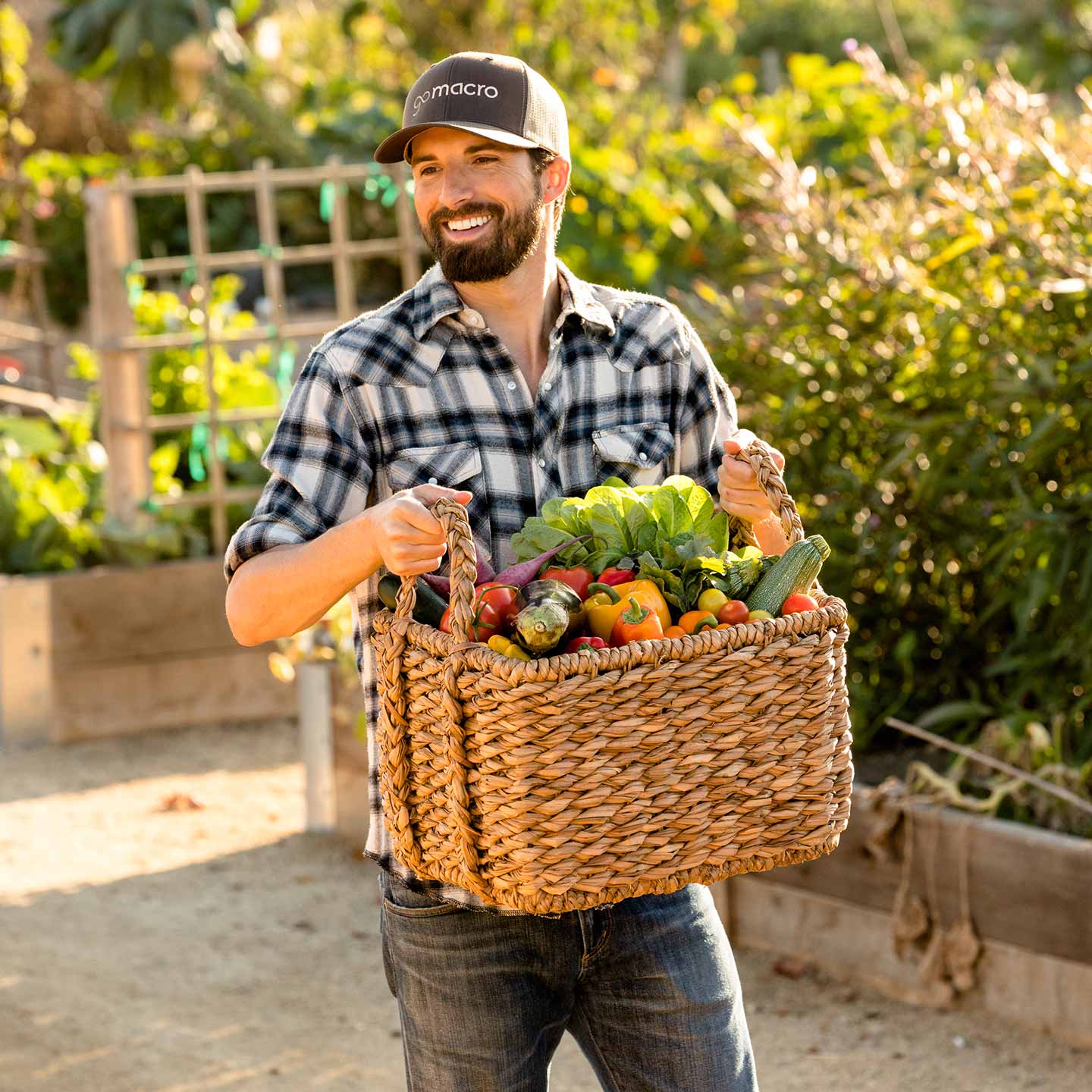 Man in garden holding a basket full of vegetables